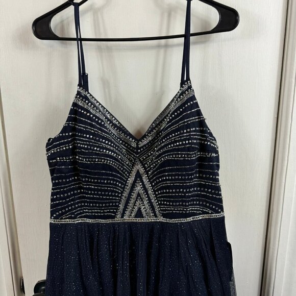 SAY YES TO THE PROM Navy Glitter Sheer Spaghetti Strap Sweetheart Neckline - Picture 5 of 10